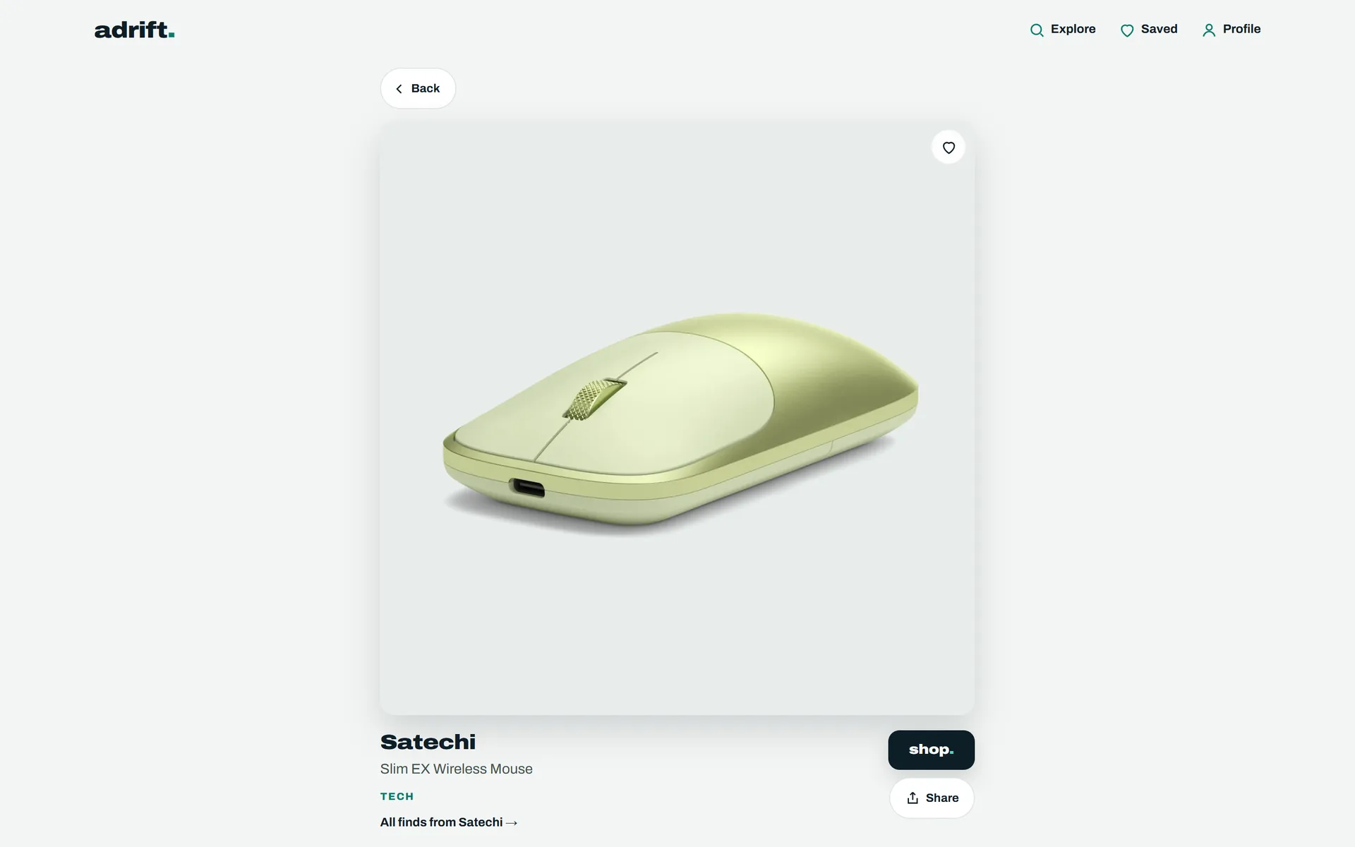 Adrift product page for a wireless mouse with a direct shop link