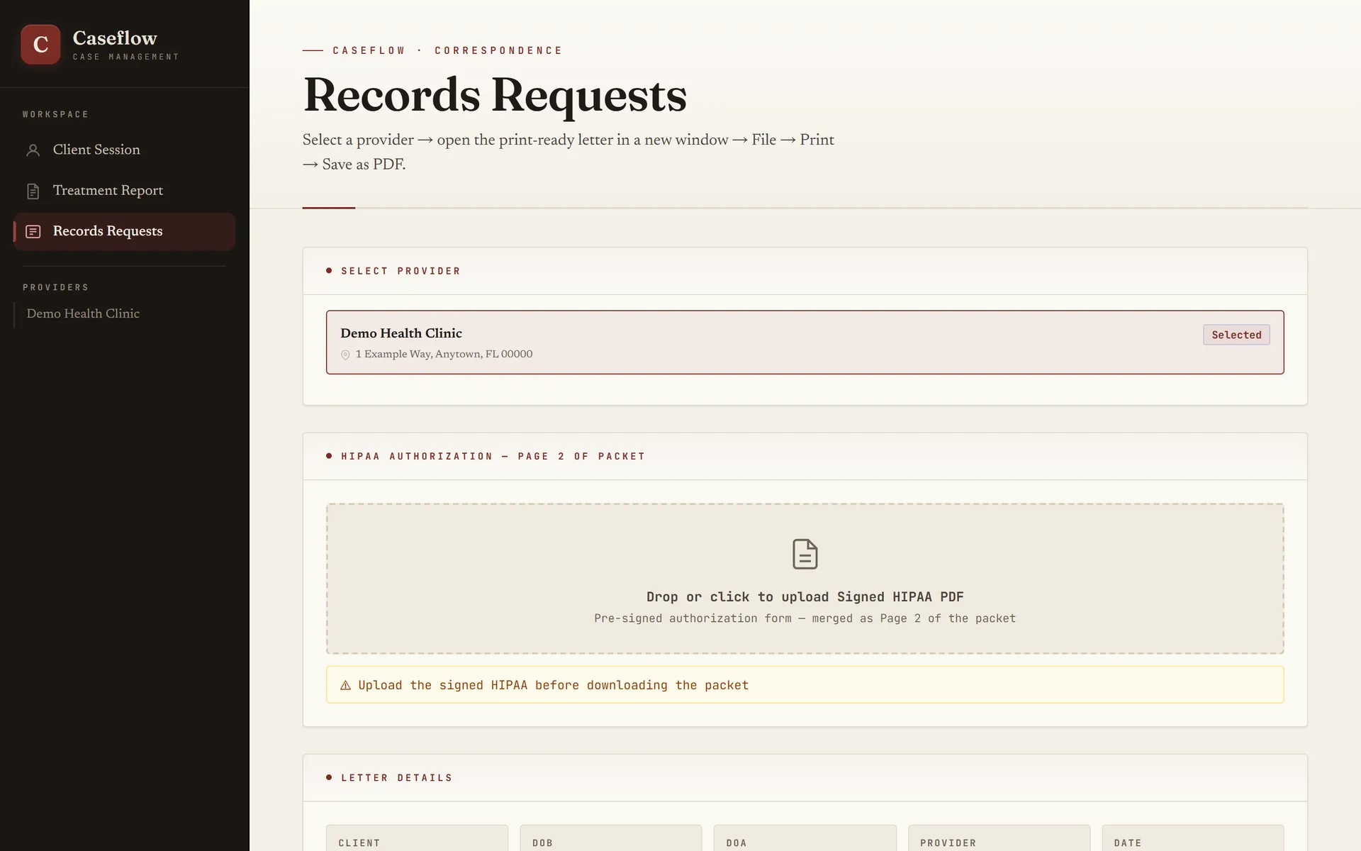 Records requests tab: provider selected and a HIPAA packet being assembled