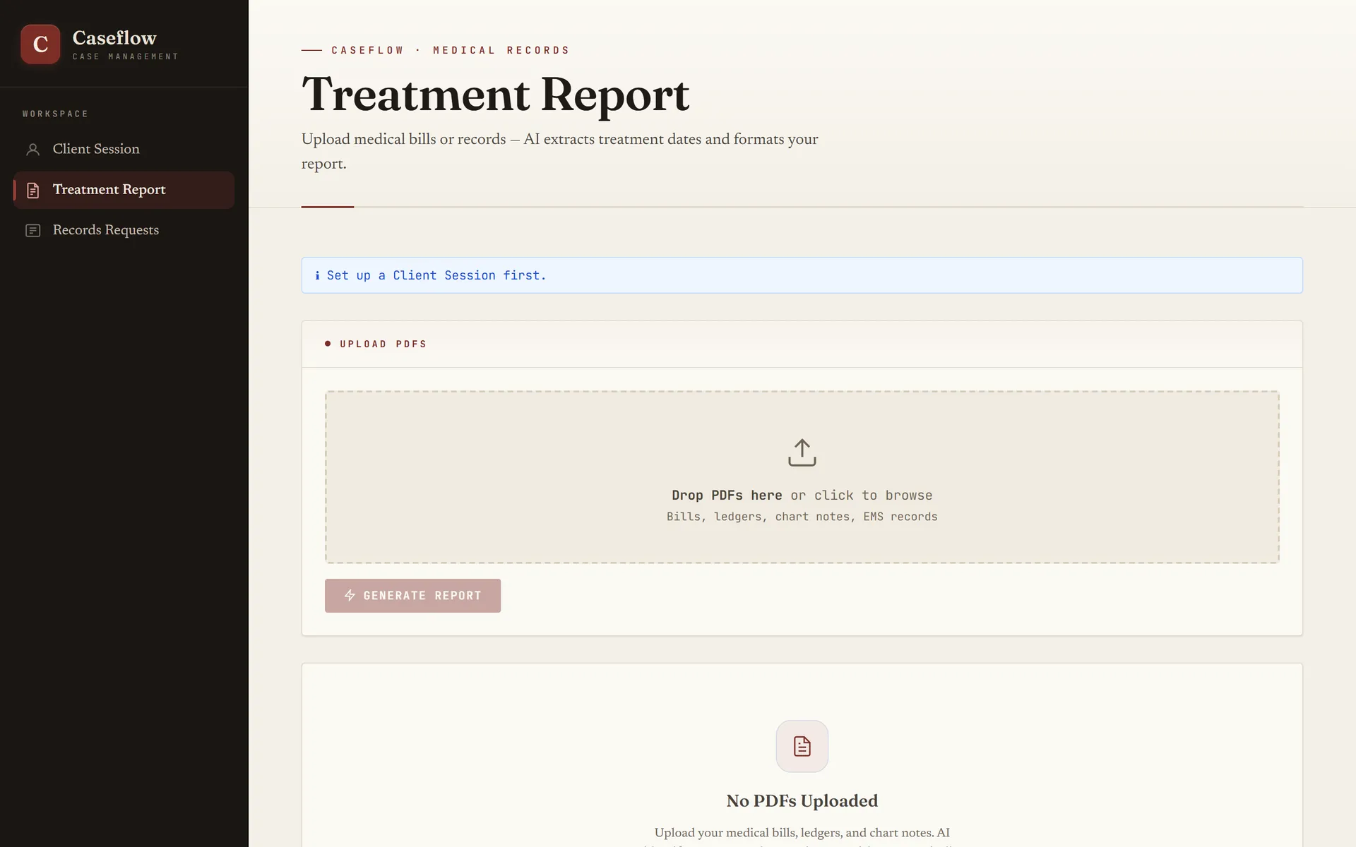 Treatment report tab: upload medical PDFs, treatment dates extracted into a report