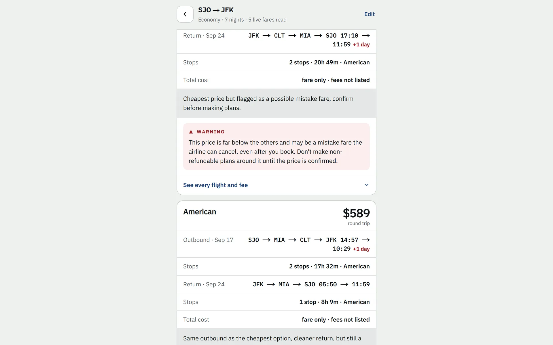 The cheapest fare card with route, stops, and an explicit warning that the price may be a mistake fare the airline can cancel