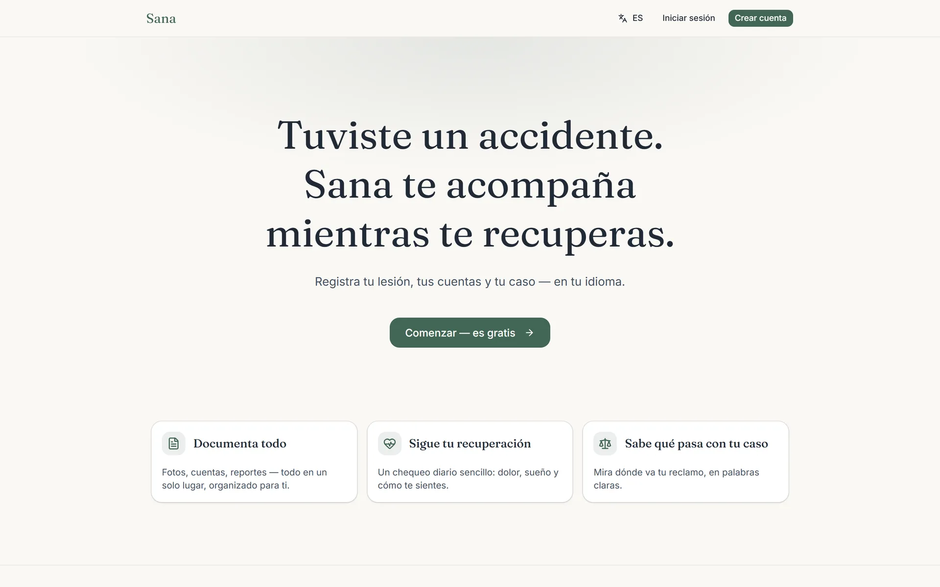 Sana landing page in Spanish: Sana, recuerda, recupérate