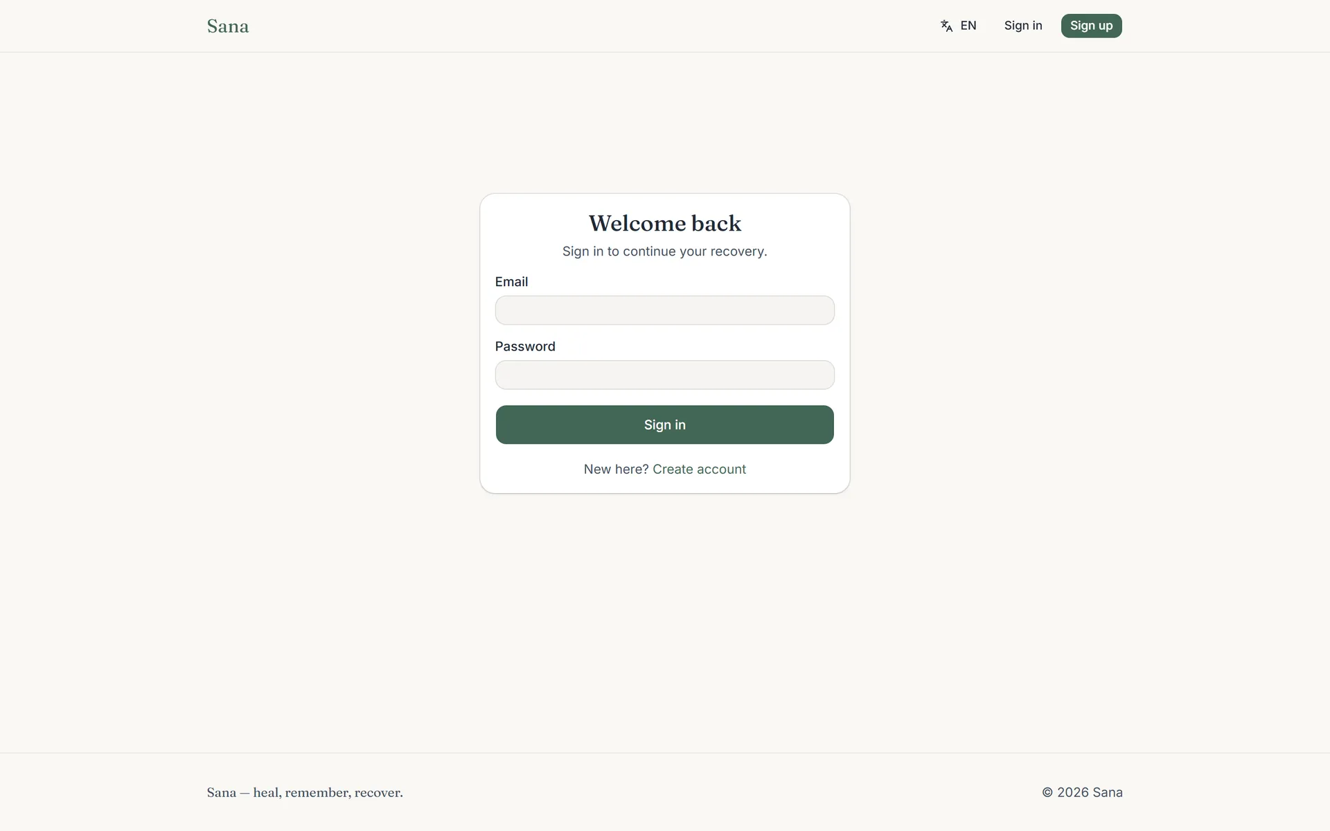 Sana sign-in screen backed by Supabase auth