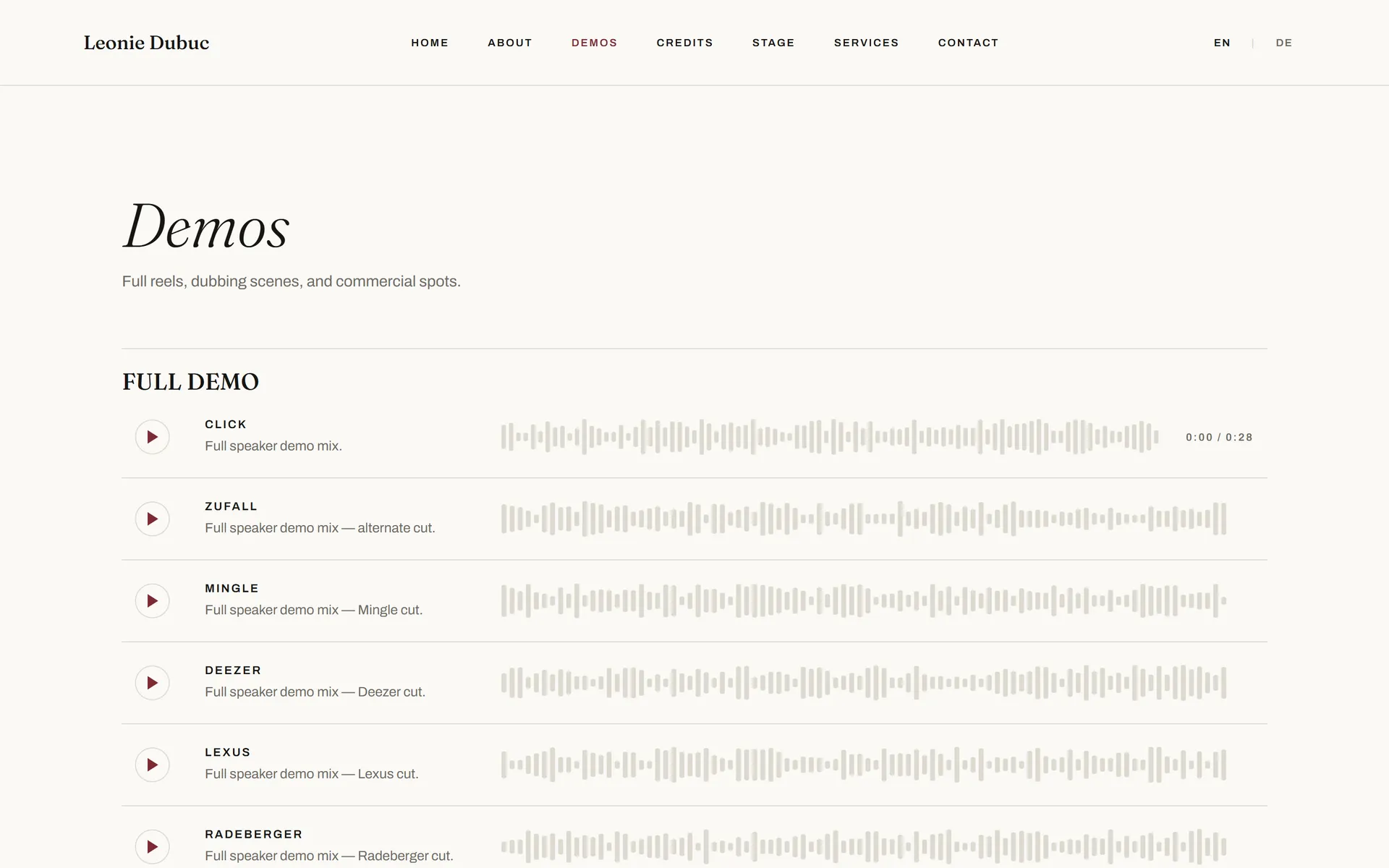 Demos page with playable voice-over samples