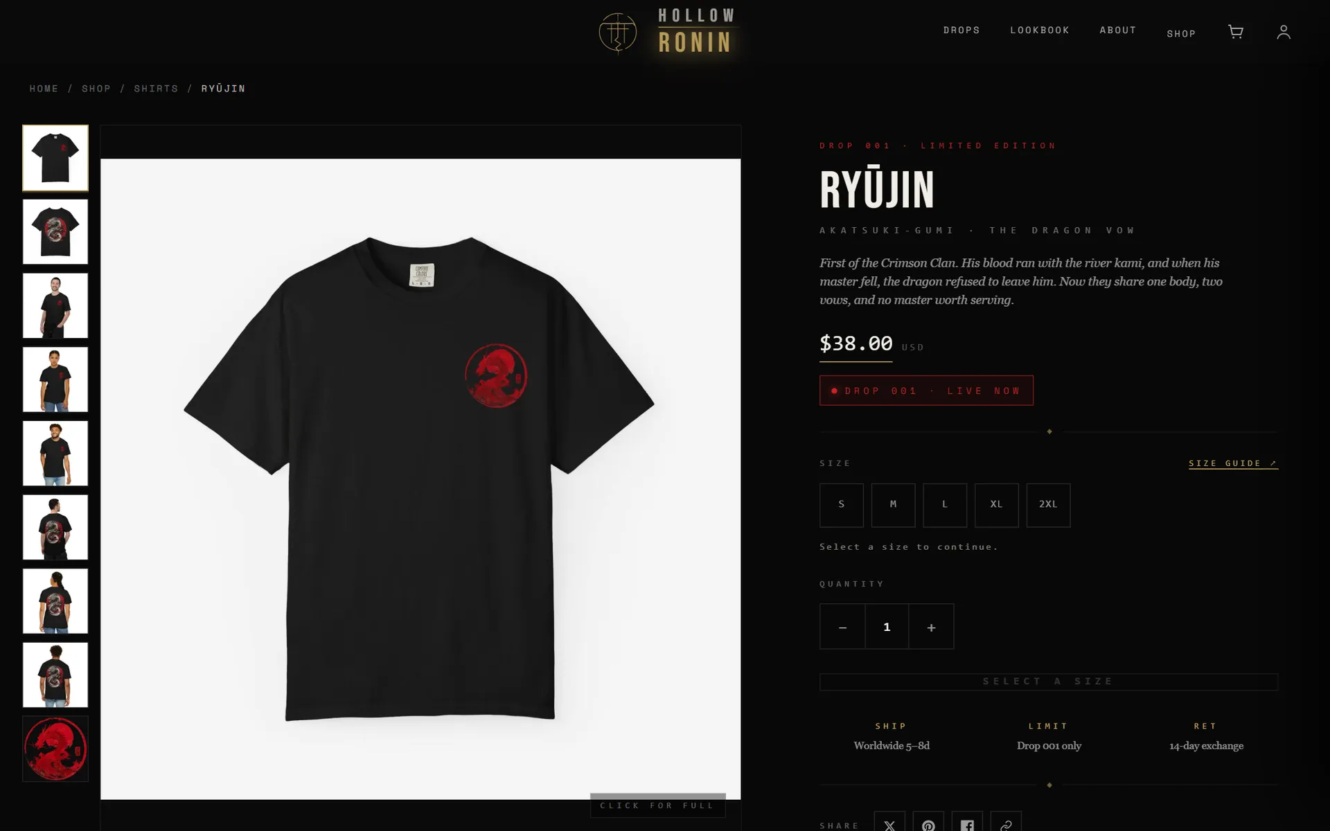 Product page for the Ryūjin tee: gallery, character lore, price, size picker