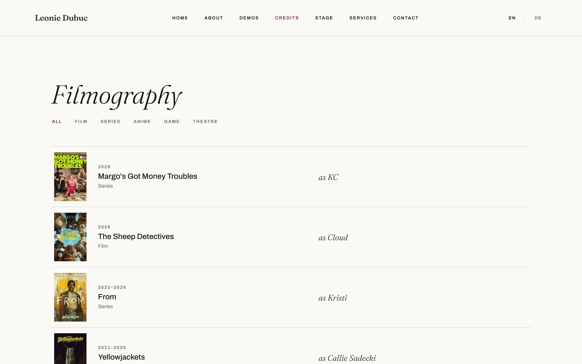 Credits page listing dubbing and voice-over filmography